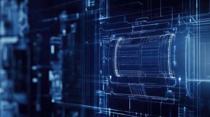 battery with digital blueprint overlay, showcasing intricate designs and technology. image conveys sense of innovation and advanced engineering in field of energy storage