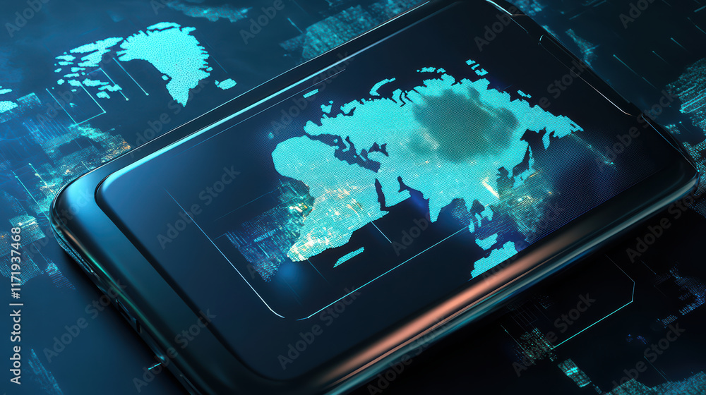Poster smartphone displaying digital world map with glowing elements, symbolizing global connectivity and t