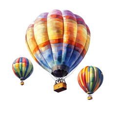 Fototapeta premium Watercolor Painting of Colorful Hot Air Balloons Flying in the Sky with Clouds, Isolated on Transparent Background.