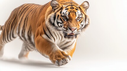 Obraz premium A majestic tiger with vibrant orange fur and piercing eyes can be seen growling fiercely on a pristine white studio background, showcasing its power and dominance in the animal kingdom.