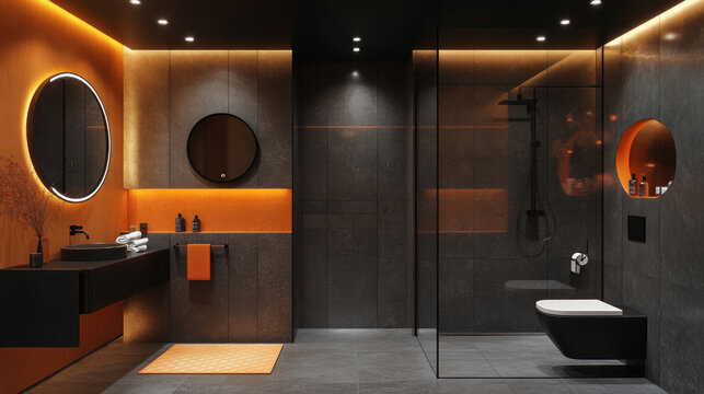 Large comfort Luxury Bathroom with Shower, Toilet and orange accent