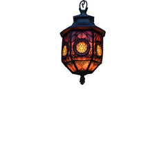 Ornate lanterns illuminate a cobblestone alleyway with a warm glow, isolated on a transparent background.