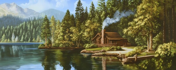 Obraz premium Serene Lake Wallpaper and Background Surrounded by Evergreen Forests with a Cozy Log Cabin
