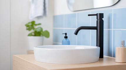 Fototapeta premium Modern minimalist faucet in small bathroom with blue accent