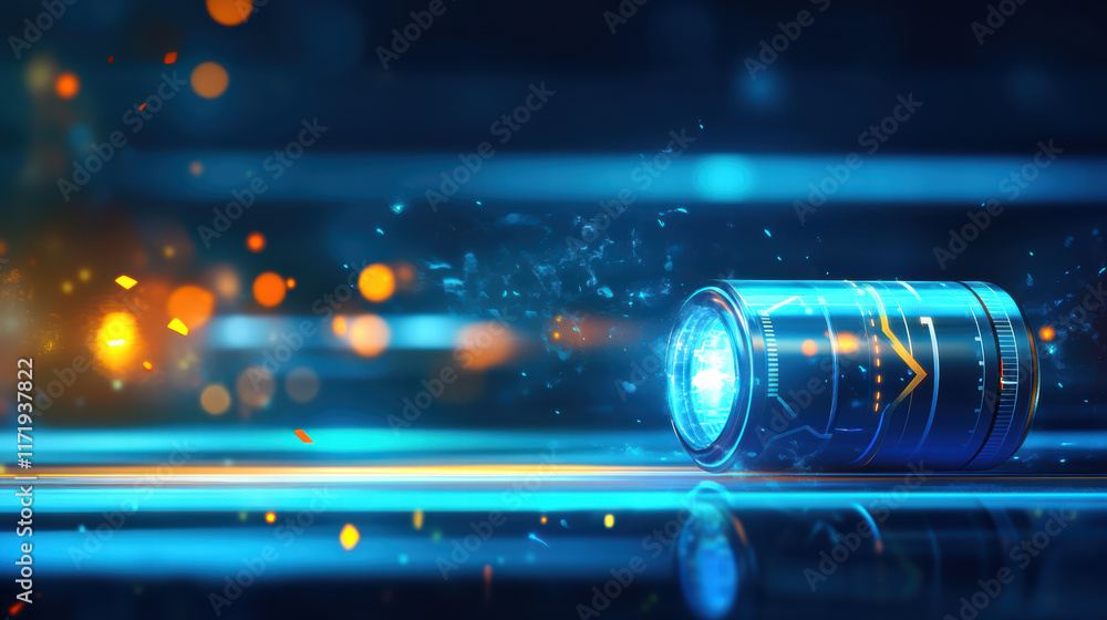 Poster futuristic battery with glowing elements and dynamic lighting, surrounded by vibrant particles and s