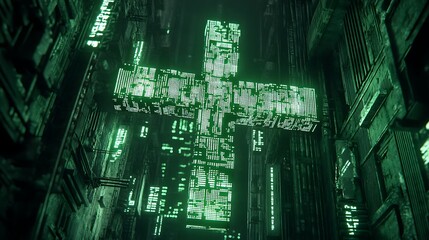 Green Digital Cross In Futuristic Cityscape