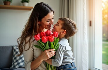 Happy child son presents flowers to mother. Mother, son share loving moment. Mom smiles, receives gift. Spring flowers symbolize Mother Day joy. Family bonding, love, care. Home interior setting with