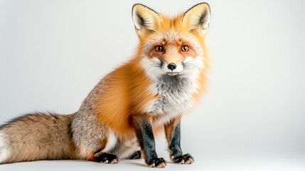 Obraz premium The red fox is sitting upright on its hind legs, its piercing eyes locked onto the camera with an intense gaze