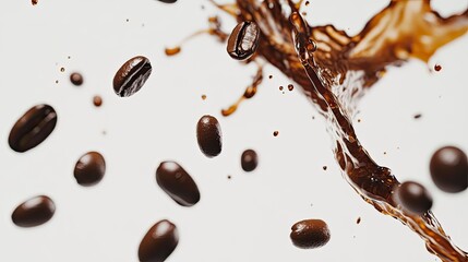 A bold coffee splash paired with scattered coffee beans frozen mid-motion, styled artistically on a white background for a striking visual effect