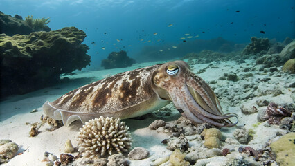 Fototapeta premium Close-up of a Colorful Cuttlefish Swimming in Coral Reef Environment