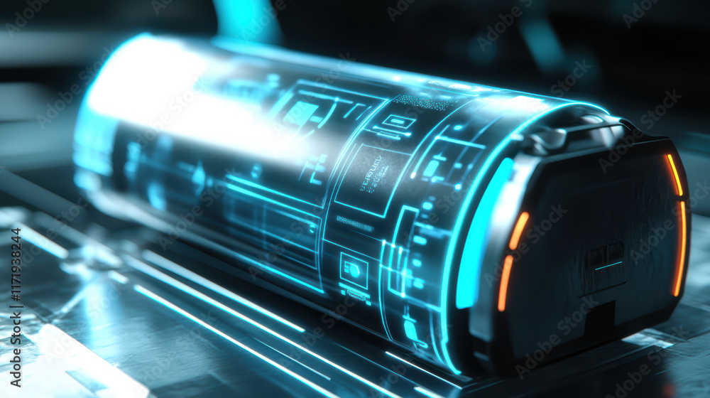 Poster futuristic battery with glowing interface, showcasing advanced technology and intricate designs. sle