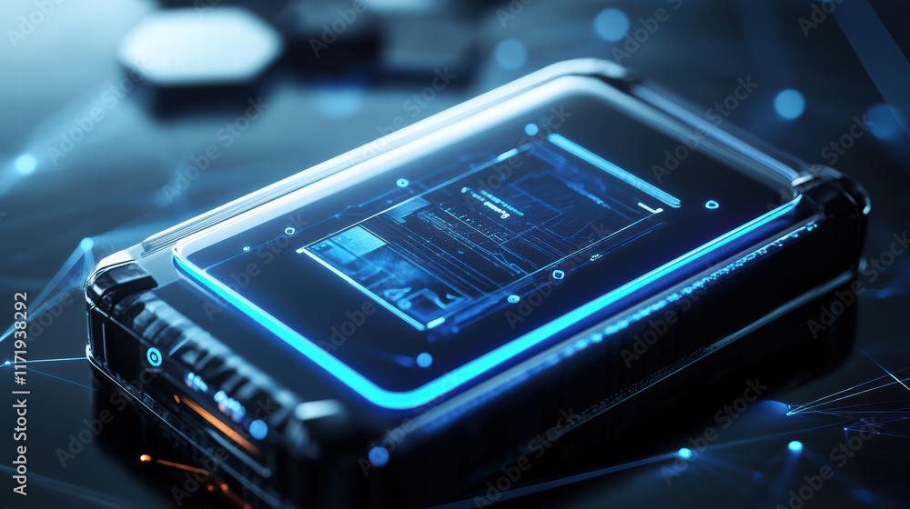 Poster futuristic battery with sleek interface and glowing blue accents, showcasing advanced technology and