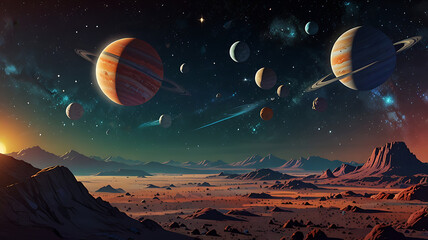 Naklejka premium Extraterrestrial Landscapes, Planets, Asteroid, Moon, Craters Space Illustration Set