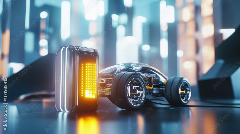 Poster futuristic vehicle with glowing battery in high tech environment, showcasing advanced design and tec