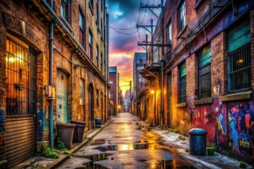 Obraz premium Exploring abandoned urban landscapes: decay, graffiti, rust, and vintage grunge meet dark alley street art.