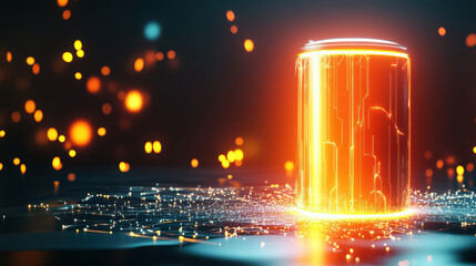 glowing battery surrounded by energy field, showcasing futuristic technology and vibrant sparks. This captures essence of innovation and power