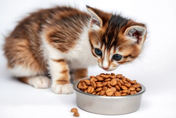 Adorable tabby kitten with blue eyes curiously sniffing a metal bowl filled with dry cat food on a white background