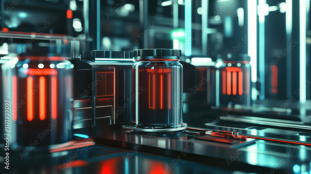 Aufkleber high tech laboratory setting featuring advanced batteries with glowing red indicators. futuristic en