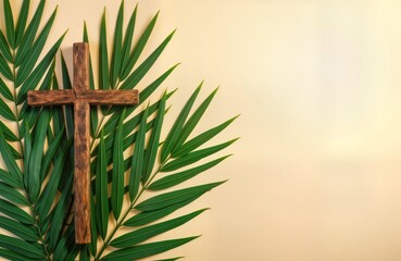 Palm Sunday concept. Wooden cross stands on green palm leaves. Religious symbol for Christian moveable feast. Celebration of Jesus triumphal entrance into Jerusalem. Ritual commemoration of spring.
