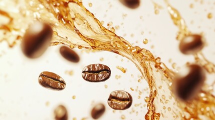 Fototapeta premium A close-up of coffee splashes intertwining with suspended coffee beans, captured in motion against a white background