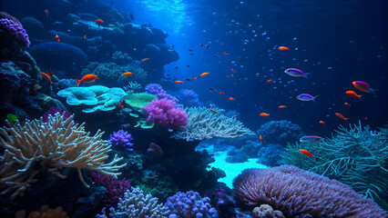 Obraz premium Vibrant Underwater Scene with Coral Reefs and Colorful Fish