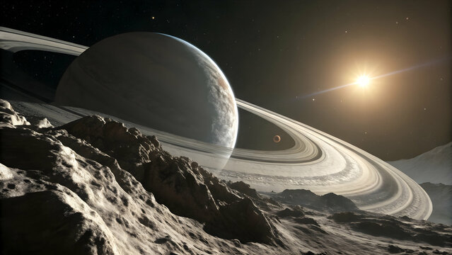 Stunning View of a Gas Giant Planet with Bright Rings and Sunlight