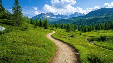 Fototapeta premium [hiking navigation trails wayfinding] Mountain Trail Winding Through Lush Greenery at Dawn/Dusk, Adventure and Serenity in Nature