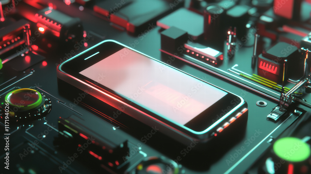 Aufkleber sleek smartphone rests on high tech circuit board, surrounded by glowing components and intricate ci