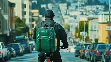 A courier man balancing a green backpack and package while riding a bike through traffic, with focus on his efficiency and speed