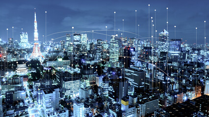 A high-tech city illuminated at night