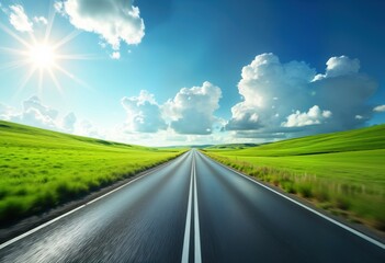 Empty highway stretches through rich green countryside. Bright sunshine illuminates the road. Scenic view of vibrant landscape. Summertime journey. Transport concept. Outdoor scene.