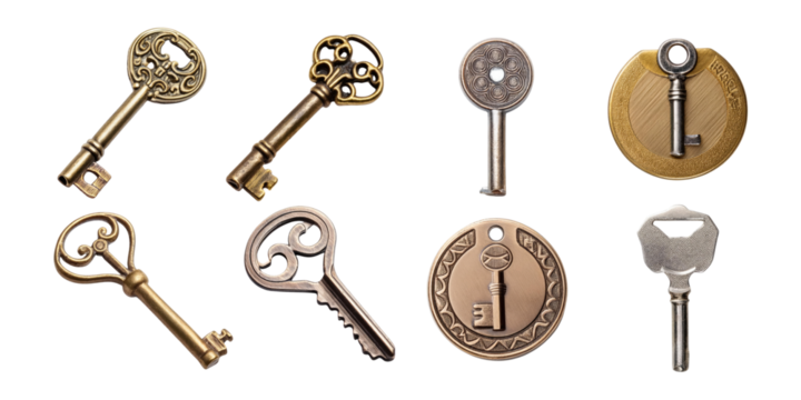 Vintage Keys Collection on Transparent Background