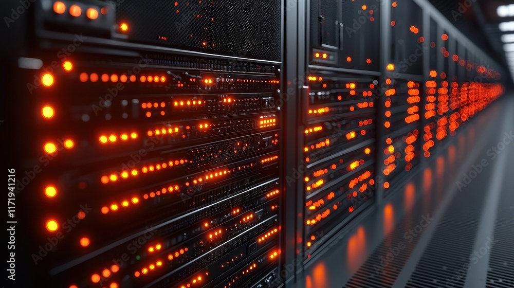 Poster data center operations server management digital infrastructure high-tech environment close-up view 