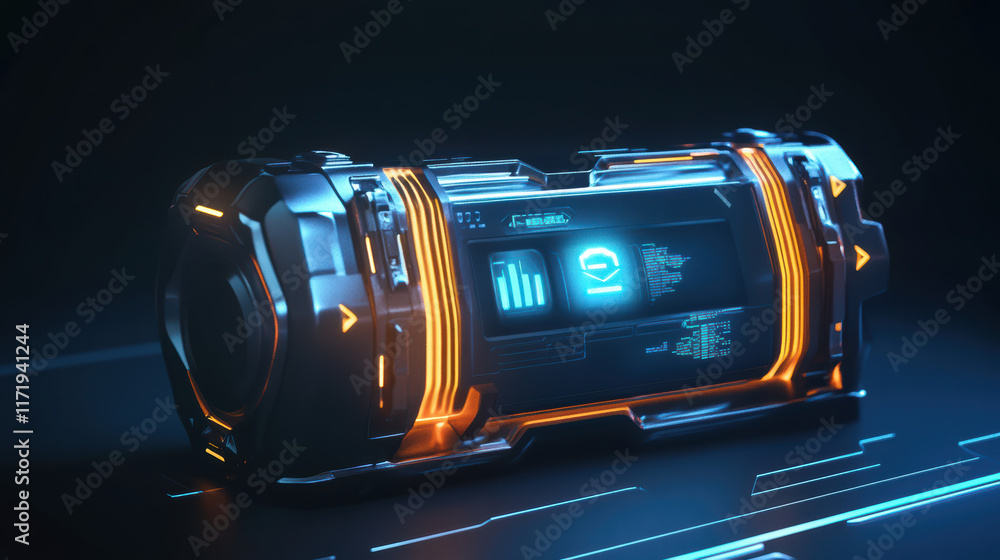 Aufkleber futuristic battery design with digital elements and glowing accents, showcasing advanced technology 