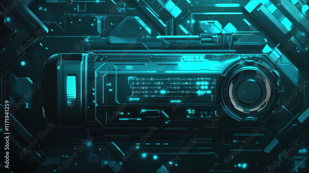Poster futuristic battery design featuring digital elements and glowing circuits, showcasing advanced techn