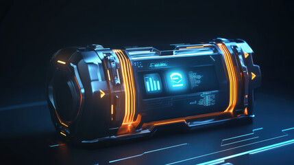Naklejka premium Futuristic battery design with digital elements and glowing accents, showcasing advanced technology and innovation. Ideal for sci fi and tech themed projects