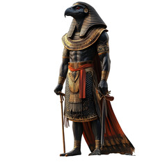 Obraz premium A mighty ancient Egyptian god statue with a falcon head, holding a staff and a sword, isolated on a transparent background.
