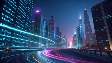 Fototapeta premium Vibrant Cityscape at Night with Dynamic Light Trails and Skyscrapers