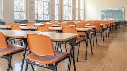 Fototapeta premium The picture collage of a classroom interior showcases rows of neatly arranged school desks and chairs