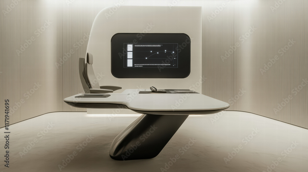 Poster minimalist remote office featuring sleek desk and modern digital display, creating serene and produc