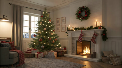 Cozy Living Room with Christmas Tree and Festive Fireplace Decor