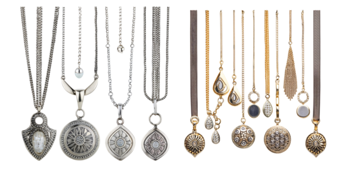 Elegant Silver and Gold Necklaces on Transparent Background