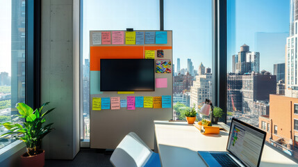 modern remote workspace featuring large window with city view, whiteboard filled with colorful notes, and laptop on desk. bright atmosphere inspires creativity and productivity