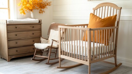 The mock up frame in the boy's nursery showcases a warm and inviting space filled with natural wood furnishings, including a sturdy crib, a cozy rocking chair, and a rustic dresser