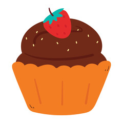 cute hand drawing cartoon chocolate cupcake with strawberry on it. cute dessert cartoon sticker