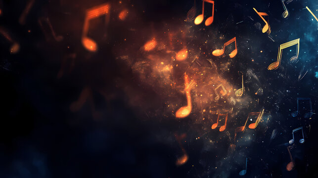 Musical notes seemingly float into oblivion on a mysterious dark background. Oblivian. Illustration