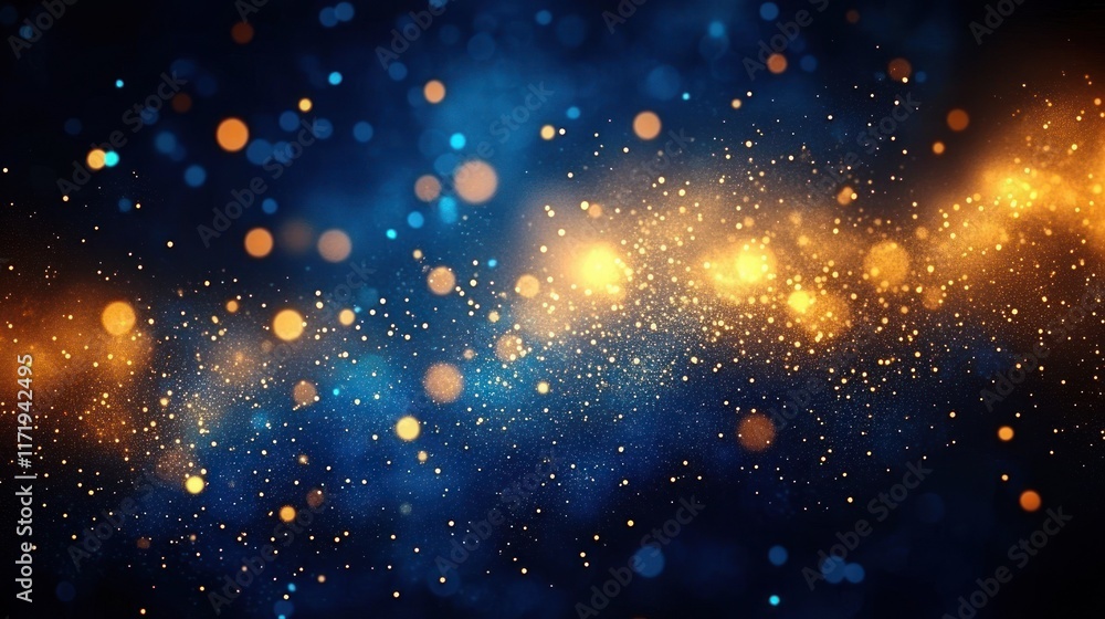 Poster gold confetti falling on blurred blue background with sparkling lights and abstract bokeh effect