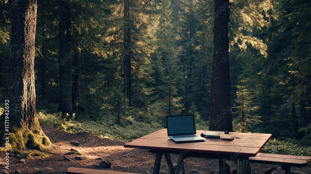Poster remote forest setting features laptop on picnic table surrounded by tall trees and lush greenery, cr