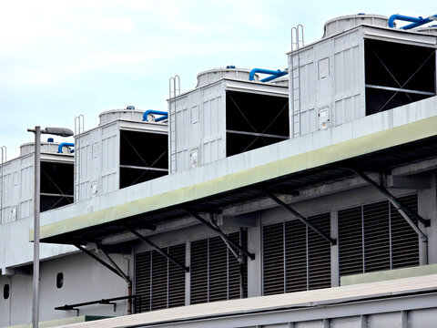 Water cooling tower HVAC air conditioning large industrial building.