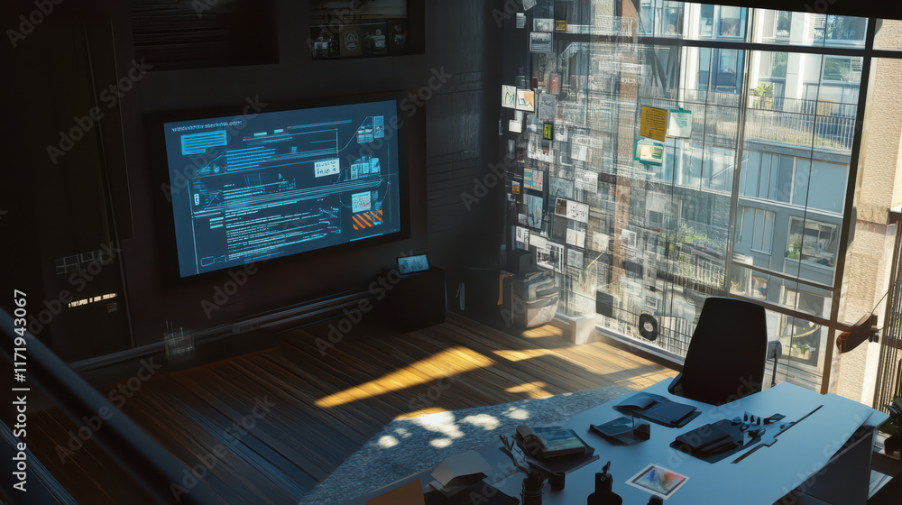 Poster modern remote office in loft with large windows, showcasing digital display and organized workspace.